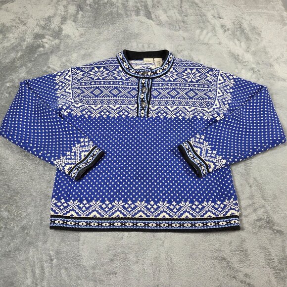 Vintage LL Bean Sweater Womens Small Blue Nordic Fair Lisle Henley Pullover - Picture 1 of 9